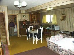 Recreation room with wood fireplace